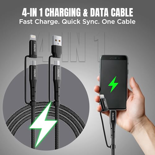 Image of Intex Speed Ultra 3.0 (4 -IN -1) USB-A, Type-C, & Lightning Ports, 60W /3A PD Fast Charging, 480Mbps Data Sync, 2 Swappable Heads, braided Cable Tie - Black