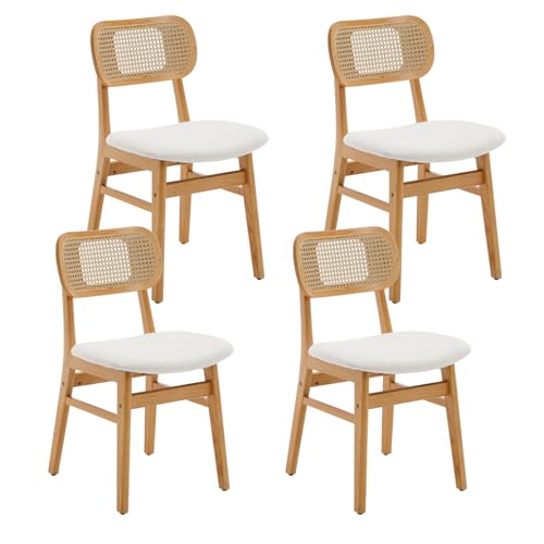 Ya-Home Lot de 4 Chaise de Salle à Manger en Rotin avec Coussin Chaise de Cuisine en Bois Chaise Rembourrée en Bois, Fausse Fourrure, Beige