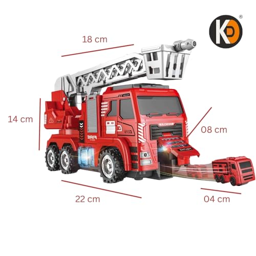 Image of K D Remote Control Ejector Fire Truck, Rechargeable Fire Brigade Automatic Rescue fire Truck, with Water Spray, Extending Ladder, Flashing Lights, Siren and 3 Mini Fire Vehicles Cars (Age 3+)
