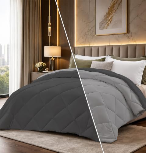 Image of Super Comfort Reversible Microfiber 400 GSM Comforter for Heavy Winter, Warm Quilted with Diamond Stitch, 92 x 106 Inches (233 x 269 cm), Cozy Comforter for King Size|Silver /Drak Grey