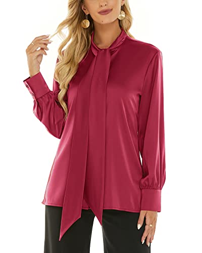 Women's Silk Blouse Bow Tie Neck Long Sleeve Satin Button Down Shirt Casual Office Blouse Top (Wine red, Small) — view 4