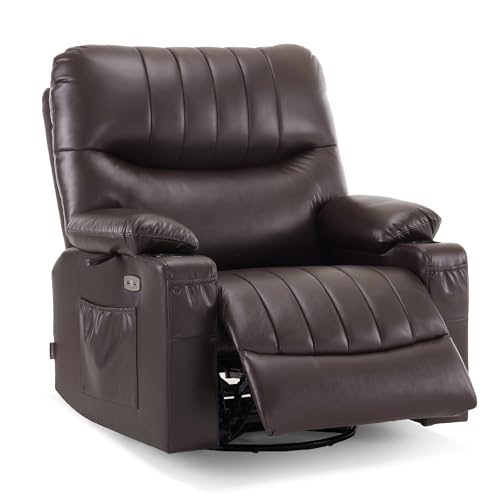 MCombo Oversized Swivel Glider Rocker Power Recliner Chair for Living Room with Heat and Vibration Massage, USB Ports, Cup Holders and Pockets, Faux Leather 7785 (Chocolate Brown)