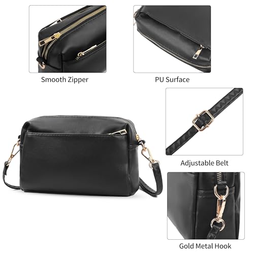 VOROLO Crossbody Bag Small Leather Triple Zip Crossbody Purse Shoulder Bag with Ajustable Strap for Women BLACK4