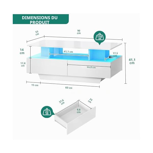 YITAHOME Table Basse Rectangulaire, Tables Basses à LED pour Salon, Haute Brillance Moderne, avec Etagère Ouverte et 4 Tiroirs