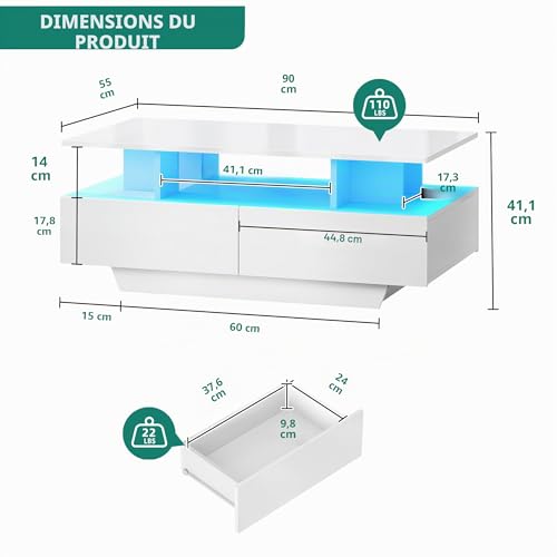 Table basse à LED pour salon moderne YITAHOME rectangulaire blanche