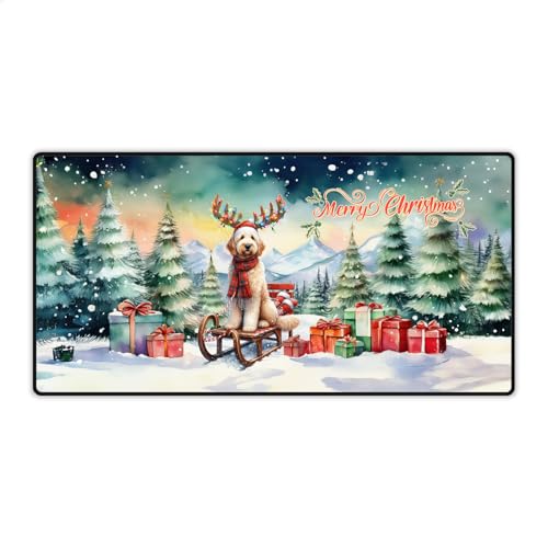 Merry Christmas Santa Reindeer Antlers Goldendoodle Sleigh Xmas Winter Holiday Desk Mat Full Keyboard Mouse Pad Doodle Dog Lover Gifts Idea Large Mousepad - 023 -  Ninety3POD, DGOL.00023-BNK