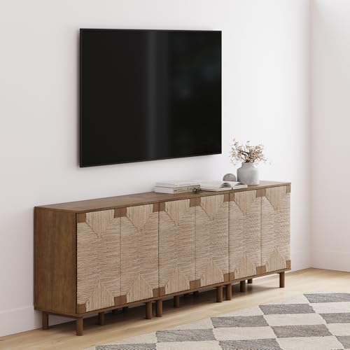 Image of Nathan James Beacon Boho Accent Cabinet with Doors, TV Stand with Adjustable Interior Shelf and Seagrass Accent, Dark Brown, Set of 3