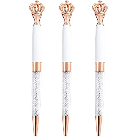 Hoce 3 Pieces Crystal Crown Ballpoint Pens Cute Jeweled Pens Wedding Top School Desk Office Supplies, White Cover