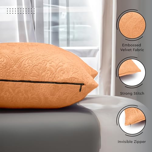 Image of Encasa XO Velvet Cushion Covers, No Inserts, Set of 2, Peach | 16 inchx16 inch | Machine Washable | Soft & Durable | Hidden Zipper, Sofa Decor