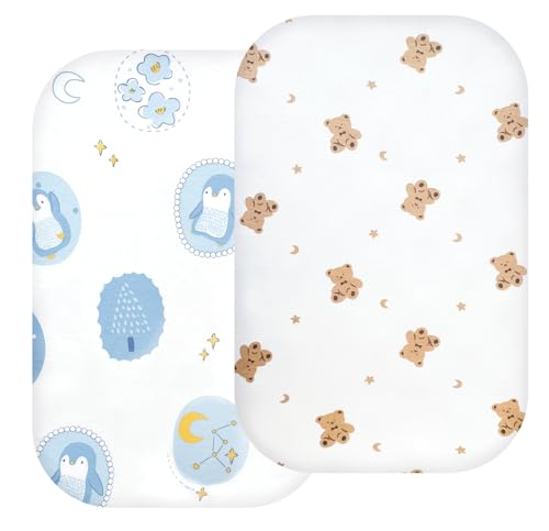 Image of AMKE Bassinet Fitted Sheet,2 Pack,Rectangle and Oval Baby Bassinet Fitted Sheets,100% Cotton Nursery Bedding,Fits AMKE Sleeper Crib Mattress (Cartoon)
