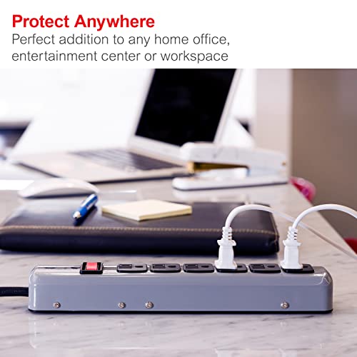 Ge 6 Outlet Surge Protector, 3 Prong Power Strip, 8 Ft Extension Cord, Slide-To-Close Safety Outlet Covers, Heavy Duty, Led Protected Indicator Light, Warranty, Ul Listed, Grey, 14021 Gray #TOP4