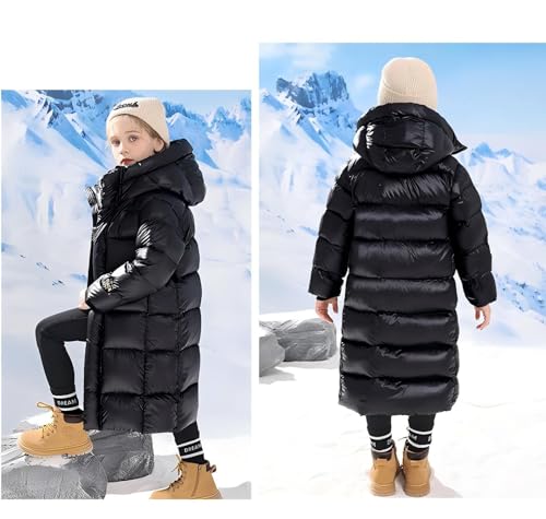 Lengender Daunenjacke, glänzende Oberfläche, für Mädchen, warm, Jacke, Winter, Herbst, Parka mit Kapuze, Kunstpelz, Sportjacke, Ski, Schnee, A schwarz., 140