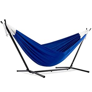 Vivere Double Polyester Hammock with Space Saving Steel Stand, Royal Blue (450 lb Capacity – Premium Carry Bag Included)