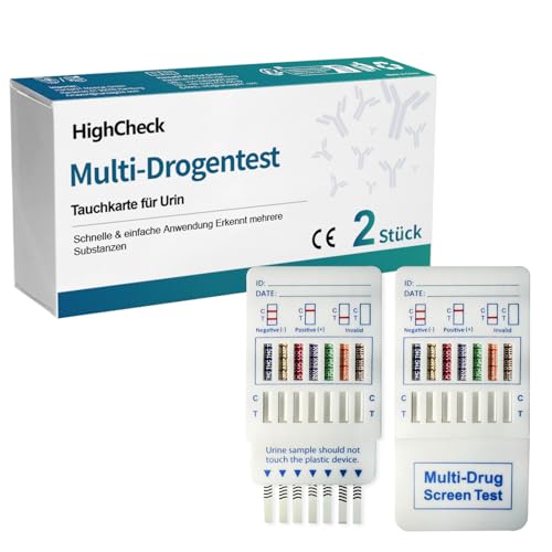 2xHighCheck 7-in-1-Drogentest Schnelltest, Drogentest für Selbsttest-Urin-Screening, Drogentests zum Nachweis von Kokain, Opiate, Methadon, Amphetamine, Cannabis, Ecstasy und Benzodiazepine