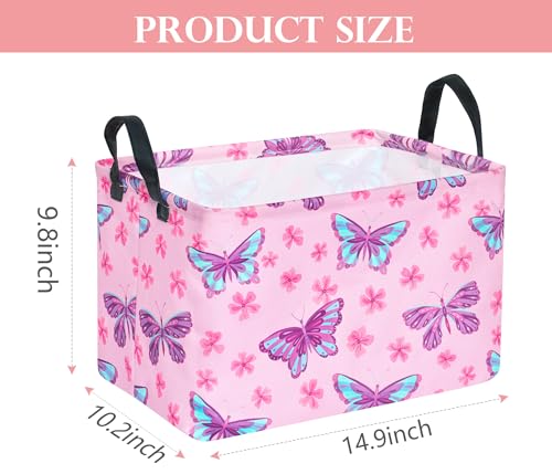 Image of Pink Butterfly Storage Basket Gift Laundry Bins Collapsible Storage Baskets Box Laundry Nursery Hamper for Home and Office Decoration with Handles