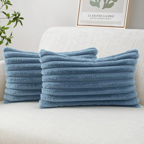 Image of MIULEE Faux Fur Lumbar Throw Pillow Covers 12x20 Set of 2 Grey Blue