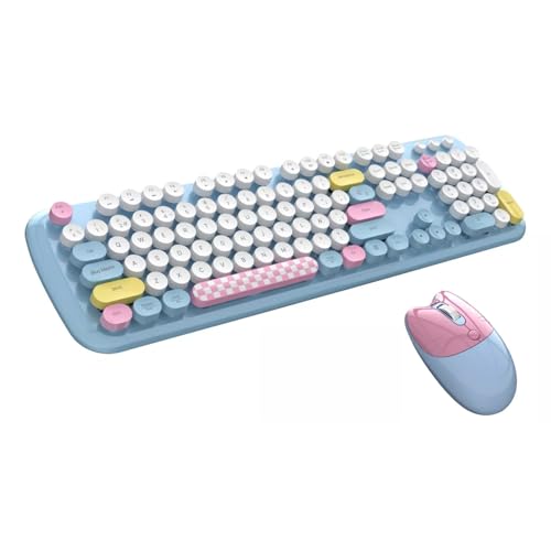 Zienstar-Pack de Teclado y Ratón Inalámbrico Español,Tecla Redondas Retro Vintage,Multicolores-Azul