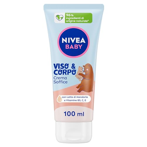 NIVEA BABY Viso & Corpo Crema Soffice 100ml, Crema corpo bambini idratante e nutriente, Crema viso neonato con Latte di Mandorla e Vitamine, Crema corpo neonato contro disidratazione e secchezza