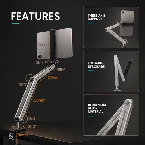 Image of Overhead Video Mobile Stand, New Extra Long Arm, 1 /4 inch Head 2 Way Base clamp, and Bracket for Mobile Phone, for, Overhead Video, Desktop,Bedroom, Office, Black (Premium Overhead Stand)