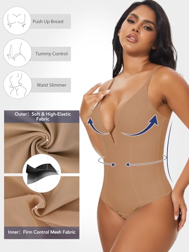 Image of SHAPERIN Bodysuit for Women Shapewear Tummy Control Deep V Neck Plunge Sleeveless Backless Thong Body Suit Tank Top