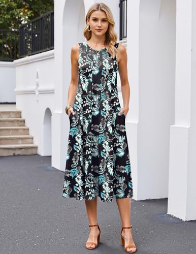 Image of HOTOUCH Summer Casual Dresses for Women Sleeveless Midi Dress Swing Tank Sundress Pleated Tshirt Dress with Pockets