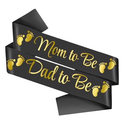 2pcs Mom to be and Dad to be Baby Shower Sash?Black Satin with Gold Letters Sash for New Mom Dad Baby Shower Party Gender Reveal Supplies Decorations