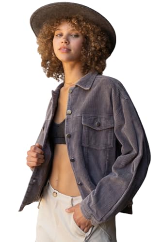 POL Clothing Women Vintage Corduroy Jacket with raw Edge Detai color Grey