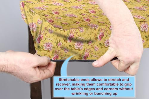 Image of The Furnishing Tree Elastic Cotton Rectangular Dining Table Cover 36x48 in Inches Floral Pink Rose on Yellow Base