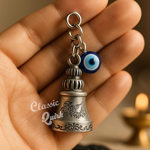 Image of Evil Eye Hooked Guardian Bell Keychain - Protective Lucky Charm Bell with Clip Hook for Bike, Car, Key & Bag | Spiritual Good Luck Talisman Gift