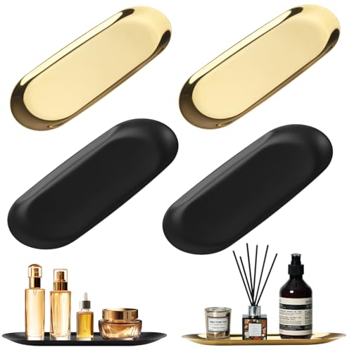 Foydream 4Pcs Bandejas Decorativas, Inoxidable Vaciabolsillos Recibidor Negra y Dorada Cuenco Decorativo Llaves Bandeja Joyas Bandejas Baño para Dormitorios Salones y Baños Joyas Llaves Maquillaje