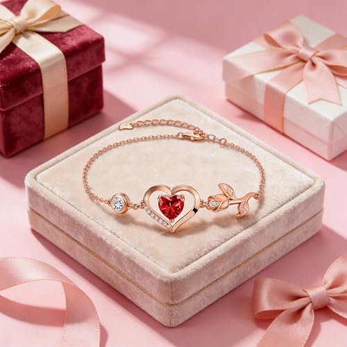 Image of 1CT Rose Heart Bracelet Moissanite Lab-Grown Sapphire Ruby Emerald&More 18K White Rose Gold Plated Anniversary Birthday Gift for Wife Girlfriend Mom Daughter Mothers Day Gift for Mom