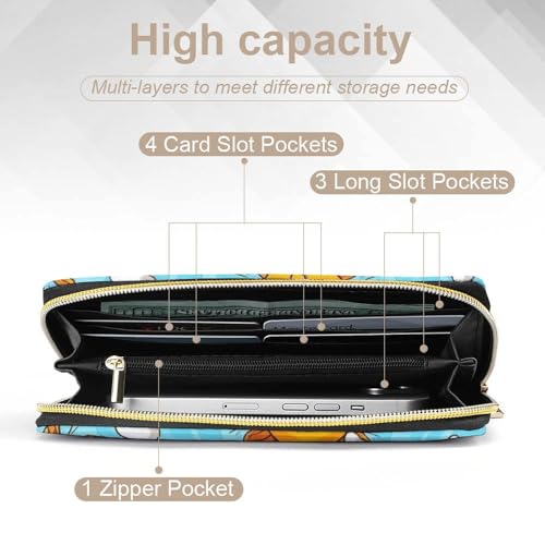 Girl's Long PU Wallet, Travel Purse Fashion Design, Huge Storage Capacity Purse, Cute Decor Zipper Wallet Hippie Boho Style Sun Art4