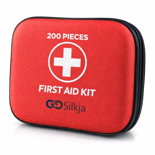 Silkja First Aid Kit 200-Piece Emergency Medical Supplies for Home Car Office Travel School and Outdoor Use Treats Minor Cuts Scrapes and Injuries Compact & Portable Red