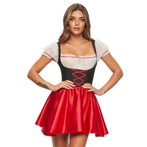 Ann Summers Halloween Beer Maid Dress – Oktoberfest Outfit with Bardot Neckline & Satin Finish, Bavarian Costume with Mock Lace-Up Front & Apron – Ideal for Role Play, Parties or Fancy Dress Black/Red