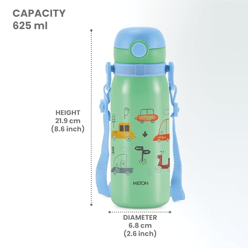 Image of MILTON Torque 650 ISI Certified Stainless Steel Water Bottle, Leak Proof, Rust Proof, Single Walled,1 Yr Warranty, Ideal Sipper Water Bottle for School Kids Bottle, 625 ml, Aqua Green (Cars)
