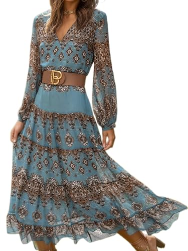 Women's Western Chiffon Ruffle Lantern Long Sleeve Maxi Dress Summer Vintage Ethnic V Neck Swing Long Dresses