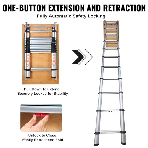 Image of VEVOR Attic Ladder Telescoping, 350-pound Capacity, 39.37 inch x 23.6 inch, Multi-Purpose Aluminium Extension, Lightweight and Portable, Fits 9.8'-10.5' Ceiling Heights, Convenient Access to Your Attic Standa