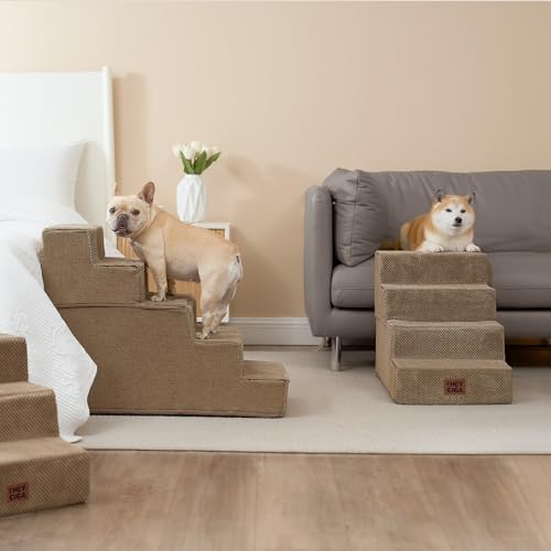 Image of EHEYCIGA Dog Stairs for Bed 18 inch H, 4-Step Dog Steps for High Bed, Pet Steps for Small Dogs and Cats, Non-Slip Balanced Pet Ramp Indoor, Camel