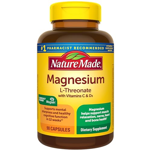 Nature Made Magnesium L-Threonate with Vitamin C & Vitamin D3, Provides 130 mg of Mag from 1800 mg Magnesium L Threonate, Cognitive Support Magnesium Supplement, 90 Capsules, 30 Day Supply