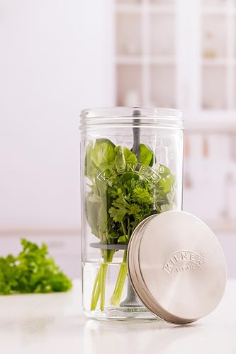 Image of Kilner Premium 1L Airtight Glass Herb Keeper Jar with Silicone Lifter for Mint, Coriander, Basil, Parsley | Wide Mouth, Reusable, Keep Herbs Fresh for Up to 3 Weeks