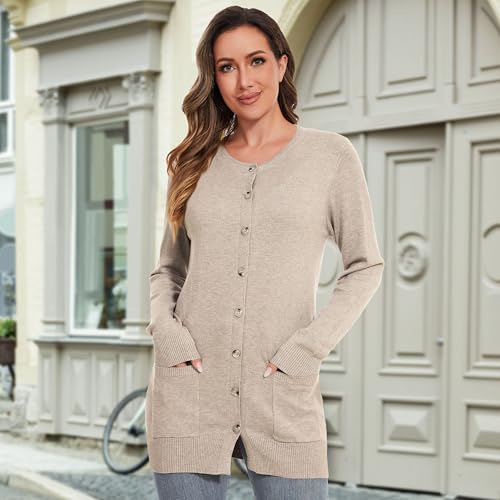 Women Loose Casual Lightweight Long Sleeve Crewneck Cardigan Sweaters Open Front Button Down Outwear with Pockets3