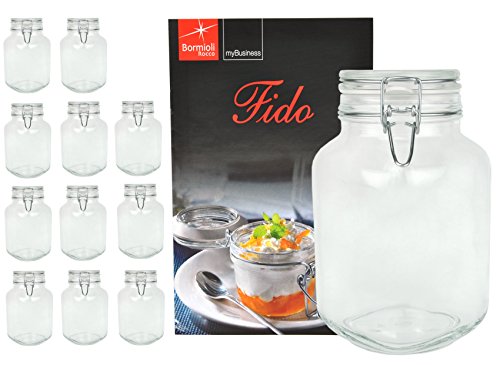 Bormioli Fido  Juego de 12 tarros (3,0 L, Cierre Incl. Cuaderno de Recetas)