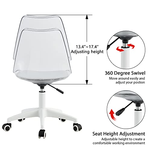 Acrylic Clear Desk Chair Modern Home Office Ghost Chairs With Wheels Cute Armless Rolling Vanity Plastic Chair With Adjustable Height (Clear) #TOP3