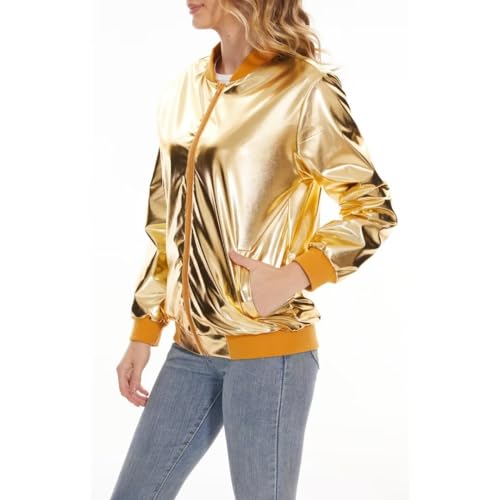 jeecoin Women's Sparkle Metallic Jacket Long Sleeve Zipper Party Bomber Jacket with Pockets3