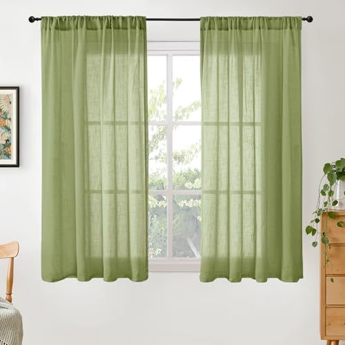 Image of BGment Green Linen Curtains 45 Inch Length - 2 Panels Set Sheer Drapes Rod Pocket for Living Room Bedroom Lightweight, 2 Panels Set, 42 X 45 Inch