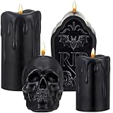 Baquler 4 Pack Black Wax Flameless LED Candles, Halloween Tombstone RIP Skull Dripping Pillar Candles Battery Operated Gothic Real Wax Candlestick for Halloween Party Home Decor