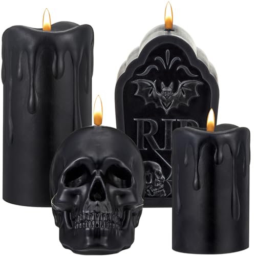 Bougies LED sans flamme vacillantes en cire véritable crâne et pierre tombale