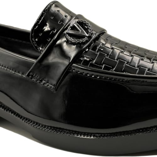Image of Men's Glossy Loafers | Synthetic Leather | Formal Slip-On Shoes for Men | Woven Texture Patent Finish | Cushioned Comfort | Office, Party & Wedding | Black - Multicolour