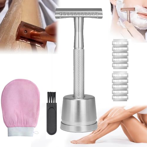 Camelie Eco Razor 2.0キット - 痛みのないダブルエッジ安全カミソリ 10枚の再利用可能な刃付き 脚を滑らかにし、プラスチックを捨てる (シルバー)