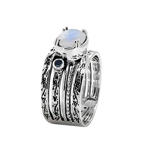 YoTreasure Moonstone London Blue Topaz 925 Sterling Silver Antique Three Stone Ring4